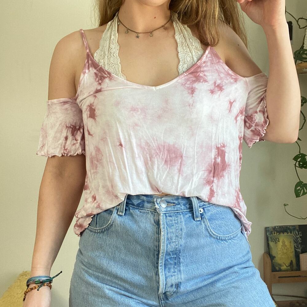 American Eagle Pink Tie Dye Cold Shoulder Top L